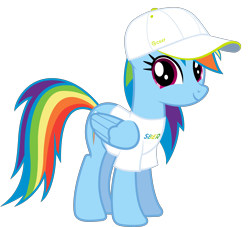 Size: 5753x5227 | Tagged: safe, artist:megabait, imported from derpibooru, rainbow dash, oc, pegasus, pony, bank, cap, clothes, costume, cute, dashabetes, hat, sber, simple background, smiling, transparent background, vector, white t-shirt