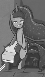 Size: 1147x1960 | Tagged: safe, artist:solid shrimp, imported from derpibooru, princess luna, alicorn, pony, bed, black and white, grayscale, monochrome, sitting, solo, wingless