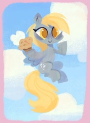 Size: 2490x3400 | Tagged: dead source, safe, artist:honeyrainee, artist:shugrcube, imported from derpibooru, derpy hooves, pegasus, pony, :>, cloud, colored pupils, cute, derpabetes, female, flying, food, high res, looking at you, mare, muffin, sky, solo