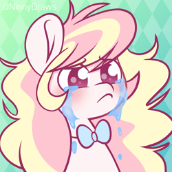 Size: 2013x2013 | Tagged: safe, artist:ninnydraws, imported from derpibooru, oc, oc only, oc:ninny, pegasus, pony, bowtie, bust, crying, female, high res, mare, sad, simple background, sob, sobbing, solo, teary eyes