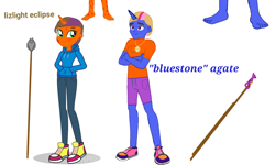 Size: 2000x1200 | Tagged: safe, artist:calebtyink, imported from derpibooru, oc, oc:bluestone agate, oc:lizlight eclipse, human, hybrid, unicorn, equestria girls, crossover, feet, female, macro/micro, male, mare, palisman, staff, stallion, the owl house, uni-human