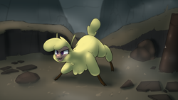 Size: 2226x1254 | Tagged: safe, artist:hitsuji, imported from derpibooru, alpaca, them's fightin' herds, cloven hooves, community related, fog, looking offscreen, mountain, paprika (tfh), rock, solo, totem