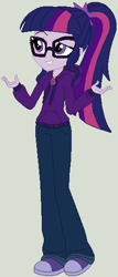 Size: 226x528 | Tagged: safe, artist:jadeharmony, artist:jadethepegasus, artist:selenaede, imported from derpibooru, sci-twi, twilight sparkle, equestria girls, alternate hairstyle, base used, clothes, female, gray background, grin, hoodie, jeans, pants, shoes, simple background, smiling, sneakers, solo