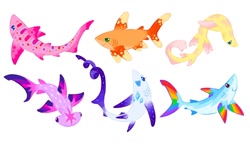 Size: 1280x738 | Tagged: safe, artist:webkinzworldz, imported from derpibooru, applejack, fluttershy, pinkie pie, rainbow dash, rarity, twilight sparkle, fish, hammerhead shark, shark, shark pony, appleshark, brown shyshark, fluttershark, leopard shark, mane six, maybe salmon, my little x, pinkie shark, rainbow shark, rarishark, sharkified, shortfin mako shark, simple background, species swap, thresher shark, twilight sharkle, white background, whitetip shark