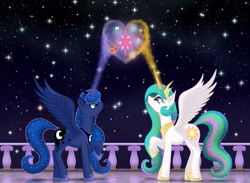 Size: 4500x3300 | Tagged: safe, artist:xodok, imported from derpibooru, princess celestia, princess luna, alicorn, pony, series:ponyashnost, cutie mark, heart, horn, jewelry, magic, night, stars, tiara, wings