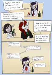 Size: 4928x7182 | Tagged: safe, artist:tenenbris, imported from derpibooru, oc, oc:abel masei, oc:alicia malice, oc:patricia sorg, semi-anthro, comic:things change, alcohol, beer, dialogue, drinking, eyeshadow, makeup