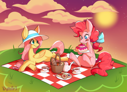 Size: 3469x2493 | Tagged: safe, artist:dymitre, artist:reborn3580, imported from derpibooru, fluttershy, pinkie pie, earth pony, pegasus, pony, basket, big ears, bow, cake, cloud, crossed hooves, cup, duo, female, folded wings, food, friendshipping, grass, hair bow, hat, heart eyes, herbivore, high res, hoof hold, licking, licking lips, looking at someone, looking at something, lying down, mane bow, mare, outdoors, pastry, picnic, picnic basket, picnic blanket, plate, prone, signature, sitting, smiling, sun, sun hat, sunset, tea, teacup, teapot, tongue out, wingding eyes, wings