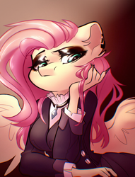 Size: 1536x2008 | Tagged: safe, artist:dodsie, imported from derpibooru, fluttershy, anthro, pegasus, pony, choker, clothes, ear piercing, female, fluttergoth, goth, gradient background, jewelry, makeup, mare, necklace, piercing, skirt, solo