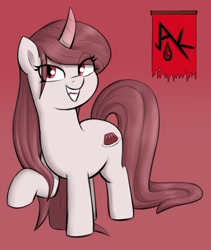 Size: 1521x1806 | Tagged: safe, artist:heretichesh, imported from derpibooru, oc, oc only, oc:blood pudding, pony, unicorn, fangs, female, mare, red background, simple background, slit eyes, slit pupils, solo
