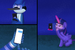 Size: 3000x2000 | Tagged: safe, artist:trotski432, artist:vezja, imported from derpibooru, twilight sparkle, alicorn, angry, cellphone, crossover, crossover shipping, crying, female, high res, magic, male, mare, mordecai, mordetwi, phone, regular show, shipping, smartphone, straight, texting, twilight sparkle (alicorn)