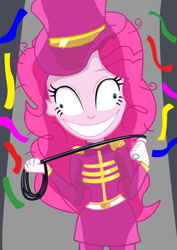 Size: 595x842 | Tagged: safe, artist:dashdeviant, imported from derpibooru, pinkie pie, equestria girls, confetti, crazy face, faic, female, hat, insanity, messy hair, ringmaster, solo, top hat, whip