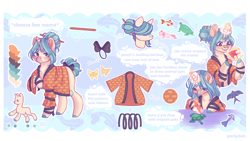 Size: 5760x3240 | Tagged: safe, artist:party3ah, imported from derpibooru, oc, oc only, oc:paper wishes, axolotl, bird, fish, frog, koi, pony, turtle, unicorn, blushing, clothes, female, glowing horn, hair bun, haori, horn, magic, mare, markings, origami, pencil, reference sheet, solo