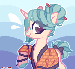 Size: 350x320 | Tagged: safe, artist:party3ah, imported from derpibooru, oc, oc only, oc:paper wishes, pony, unicorn, clothes, female, hair bun, haori, mare, markings, pencil, solo