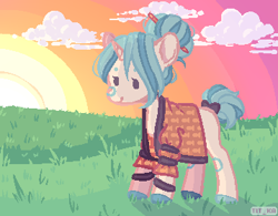 Size: 358x279 | Tagged: safe, artist:party3ah, imported from derpibooru, oc, oc only, oc:paper wishes, pony, unicorn, clothes, cloud, female, grass, hair bun, haori, mare, markings, pencil, sky, solo, sun, sunset