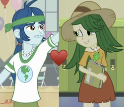 Size: 828x711 | Tagged: safe, imported from derpibooru, screencap, captain planet, sweet leaf, equestria girls, equestria girls (movie), equestria girls series, background human, eco kids, female, hat, headband, heart, love, male, shipping, shipping domino, straight, sweetplanet