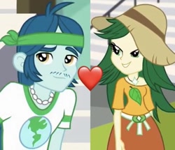 Size: 719x617 | Tagged: safe, imported from derpibooru, screencap, captain planet, sweet leaf, equestria girls, equestria girls series, friendship games, background human, eco kids, female, hat, headband, heart, male, shipping, shipping domino, straight, sweetplanet