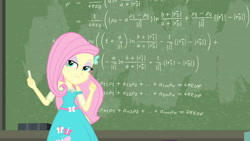 Size: 3410x1920 | Tagged: safe, imported from derpibooru, screencap, fluttershy, a little birdie told me, equestria girls, equestria girls series, chalk, chalkboard, clothes, cutie mark, cutie mark on clothes, female, geode of fauna, hairpin, jewelry, magical geodes, necklace, smiling, smug, smugshy, solo