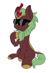 Size: 1591x2179 | Tagged: safe, artist:wapamario63, imported from ponybooru, cinder glow, summer flare, kirin, can, cute, female, horn, mare, monster energy, simple background, sitting, smiling, solo, sunglasses, transparent background