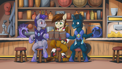 Size: 2560x1440 | Tagged: safe, artist:mysticalpha, imported from derpibooru, oc, oc only, oc:slashing prices, oc:swango, oc:thunder run, bat pony, hippogriff, pony, unicorn, alcohol, armor, badge, bar, bar stool, barrel, bat pony oc, bat wings, beer, beer mug, bottle, boxing glove, boxing gloves, claws, clothes, colored hooves, commission, counter, ear fluff, eyebrows, food, grin, helmet, hippogriff oc, hoof shoes, horn, jacket, long tail, male, mercenary, night guard, night guard armor, paws, popcorn, royal guard, royal guard armor, scar, seat, sitting, smiling, stallion, stool, toasting, trio, trio male, unicorn oc, wings