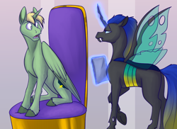 Size: 1200x873 | Tagged: safe, artist:foxenawolf, imported from derpibooru, oc, oc:mark wells, alicorn, changeling, pony, fanfic:off the mark, alicorn oc, changeling princess, duo, fanfic art, female, horn, levitation, magic, male, mare, stallion, telekinesis, wings