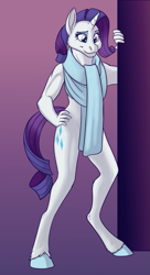 Size: 491x900 | Tagged: safe, artist:foxenawolf, imported from derpibooru, rarity, anthro, unguligrade anthro, unicorn, fanfic:off the mark, clothes, cutie mark, fanfic art, female, hooves, mare, scarf, solo, unshorn fetlocks