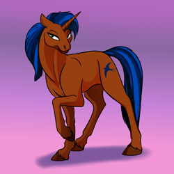 Size: 1000x1000 | Tagged: safe, artist:foxenawolf, imported from derpibooru, oc, oc only, oc:phillip martine, pony, unicorn, fanfic:off the mark, blue mane, blue tail, brown fur, cutie mark, female, mare, solo