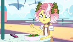 Size: 1265x719 | Tagged: safe, imported from derpibooru, screencap, vignette valencia, equestria girls, equestria girls series, rollercoaster of friendship, cellphone, female, flower, flower in hair, food, fork, phone, salad, solo, stress salad, worried