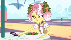 Size: 1254x719 | Tagged: safe, imported from derpibooru, screencap, vignette valencia, equestria girls, equestria girls series, rollercoaster of friendship, cellphone, cute, female, flower, flower in hair, food, fork, phone, salad, smiling, solo, stress salad, valenciadorable