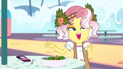Size: 1266x719 | Tagged: safe, imported from derpibooru, screencap, vignette valencia, equestria girls, equestria girls series, rollercoaster of friendship, cellphone, female, flower, flower in hair, food, fork, open mouth, open smile, phone, salad, smiling, solo