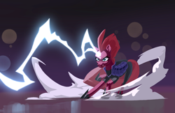 Size: 1935x1251 | Tagged: safe, artist:nadnerbd, imported from derpibooru, tempest shadow, pony, unicorn, my little pony: the movie, armor, broken horn, electricity magic, eye scar, female, horn, mare, scar, smiling, smirk, solo