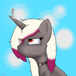 Size: 5000x5000 | Tagged: safe, artist:rosedraws, imported from derpibooru, oc, oc only, oc:rose glow, pony, unicorn, birthday, birthday candle, candle, choker, digital art, female, mare, simple background, solo