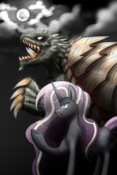 Size: 2800x4200 | Tagged: safe, artist:zachc, imported from derpibooru, nightmare rarity, kaiju, unicorn, cloud, cloudy, commission, commissioner:iv's, crossover, ethereal mane, ethereal tail, gamera, gamera (series), moon, night, raised hoof, trauma gamera