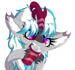Size: 1960x1853 | Tagged: safe, artist:windykirin, imported from derpibooru, oc, oc only, oc:windshear, kirin, biting, fangs, female, long eyelashes, simple background, soda can, solo, white background