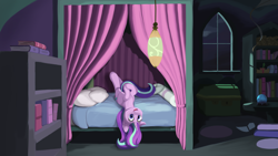 Size: 5120x2880 | Tagged: safe, artist:dreamingofpony, derpibooru exclusive, imported from derpibooru, starlight glimmer, pony, unicorn, bed, bedroom, cute, female, glimmerbetes, high res, kite, looking at you, lying down, lying on bed, mare, night, on bed, smiling, smiling at you, solo, starlight's room
