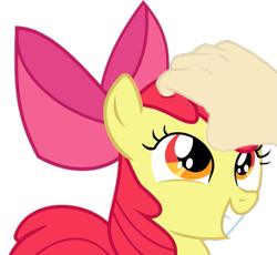 Size: 651x600 | Tagged: safe, artist:nero-narmeril, artist:undeadponysoldier, edit, editor:undeadponysoldier, imported from derpibooru, imported from ponybooru, vector edit, apple bloom, oc, oc:anon, earth pony, human, pony, adorabloom, bow, cute, female, filly, friendly, grin, hair bow, hand, happy, head pat, human male, male, offscreen character, offscreen human, offscreen male, pat, petting, scratching, scratching head, simple background, smiling, transparent background, vector