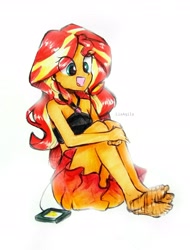 Size: 2298x3029 | Tagged: safe, artist:liaaqila, imported from derpibooru, imported from ponybooru, sunset shimmer, human, equestria girls, equestria girls series, forgotten friendship, bare shoulders, barefoot, clothes, cute, eye clipping through hair, feet, fetish, foot fetish, foot tapping, high res, hugging leg, listening to music, music player, sarong, shimmerbetes, sitting, sleeveless, solo, swimsuit, tapping