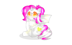 Size: 960x600 | Tagged: safe, artist:yuerain sparkle, imported from derpibooru, oc, oc only, oc:yuerain sparkle, alicorn, bat pony, bat pony alicorn, pony, alicorn oc, bat wings, cheek fluff, chest fluff, colored pupils, cute, eye clipping through hair, fangs, female, fluffy, horn, mare, orange eyes, pink hair, short hair, simple background, sitting, smiling, solo, spread wings, tooth, transparent background, underhoof, wings