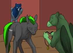 Size: 1000x727 | Tagged: safe, artist:foxenawolf, imported from derpibooru, oc, oc only, oc:long path, oc:watchful eyes, earth pony, griffon, pony, fanfic:quantum gallop, black fur, disguise, disguised changeling, eyes closed, green mane