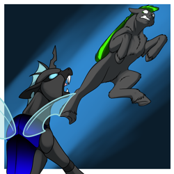 Size: 1000x1000 | Tagged: safe, artist:foxenawolf, imported from derpibooru, oc, oc:long path, changeling, earth pony, pony, fanfic:the growing years, angry, black fur, duo, fanfic art, flying kick, gradient background, green mane, hooves, open mouth, underhoof