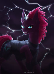 Size: 1024x1383 | Tagged: safe, artist:haskiens, imported from derpibooru, tempest shadow, pony, unicorn, my little pony: the movie, broken horn, evil grin, female, grin, horn, lightning, magic, mare, signature, smiling, solo