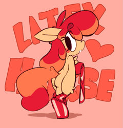 Size: 953x992 | Tagged: safe, artist:paperclip, imported from derpibooru, oc, oc only, oc:flan pone, earth pony, food pony, original species, pony, bipedal, blush sticker, blushing, butt, chest fluff, clothes, dressing, embarrassed, female, flan, food, heart, latex, latex socks, looking back, not apple bloom, plot, ponified, pudding, socks, solo