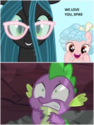 Size: 1500x1999 | Tagged: safe, imported from derpibooru, cozy glow, queen chrysalis, spike, changeling, changeling queen, dragon, pegasus, pony, chryspike, cozyspike, dialogue, female, filly, foal, g4, glassalys, glasses, male, oh no, scared, shipping, straight, this will not end well