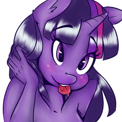 Size: 800x800 | Tagged: safe, artist:krispykakes, imported from derpibooru, twilight sparkle, anthro, unicorn, blushing, bust, drool, female, mare, nudity, simple background, smiling, solo, tongue out, unicorn twilight, white background