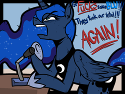 Size: 1600x1200 | Tagged: safe, artist:anonymous, imported from derpibooru, princess luna, alicorn, pony, /mlp/, /mlp/ tf2 general, 4chan, annoyed, blu team, crown, female, hoof shoes, jewelry, mare, microphone, open mouth, peytral, regalia, solo, speech bubble, team fortress 2, vulgar, yelling