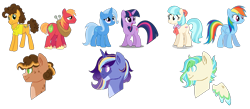 Size: 1112x485 | Tagged: safe, artist:inkprism, imported from derpibooru, big macintosh, cheese sandwich, trixie, twilight sparkle, oc, earth pony, pegasus, pony, unicorn, base used, bust, cocodash, earth pony oc, female, gay, horn, lesbian, mac n cheese, magical gay spawn, magical lesbian spawn, male, offspring, parent:big macintosh, parent:cheese sandwich, parent:coco pommel, parent:rainbow dash, parent:trixie, parent:twilight sparkle, parents:cocodash, parents:mac n cheese, parents:twixie, pegasus oc, shipping, simple background, transparent background, twixie, unicorn oc, unicorn twilight, wings