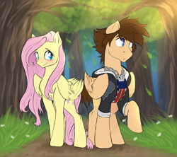 Size: 2700x2400 | Tagged: safe, artist:not-ordinary-pony, imported from derpibooru, fluttershy, fanfic:kingdom hearts of harmony, blushing, commission, crossover, crossover shipping, disney, female, forest, high res, kingdom hearts, kingdom hearts of harmony, leaves, male, mare, path, ponies standing next to each other, shipping, sora, sorashy, stallion, straight, tree