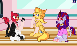 Size: 1786x1056 | Tagged: safe, artist:peregrinstaraptor, imported from derpibooru, oc, oc only, oc:genette, oc:mademoiselle, oc:wyldfyre, griffon, kirin, pegasus, clothes, female, mare, shirt, socks