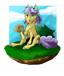 Size: 1280x1530 | Tagged: safe, artist:sandieflower, imported from derpibooru, oc, oc only, oc:fall harvest, earth pony, pony, female, filly, food, magical lesbian spawn, offspring, parent:applejack, parent:inky rose, parents:inkyjack, sitting, solo, wheat