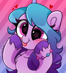 Size: 4000x4368 | Tagged: safe, artist:kittyrosie, imported from derpibooru, izzy moonbow, pony, unicorn, :p, absurd resolution, blushing, bracelet, cheek squish, chest fluff, cute, female, floating heart, g5, gradient background, heart, izzybetes, jewelry, mare, signature, silly, silly face, silly pony, solo, squishy cheeks, starry eyes, striped background, tongue out, wingding eyes