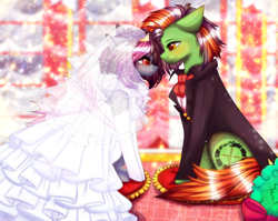 Size: 4000x3179 | Tagged: safe, artist:krissstudios, imported from derpibooru, oc, oc only, earth pony, pony, clothes, dress, female, male, mare, stallion, suit, wedding dress